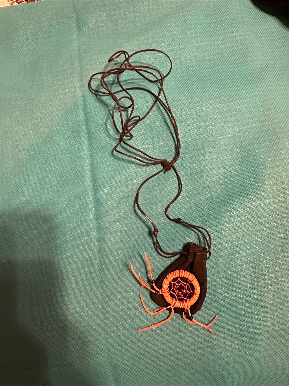 Boho Black Cord Necklace with Orange Dreamcatcher Pendant